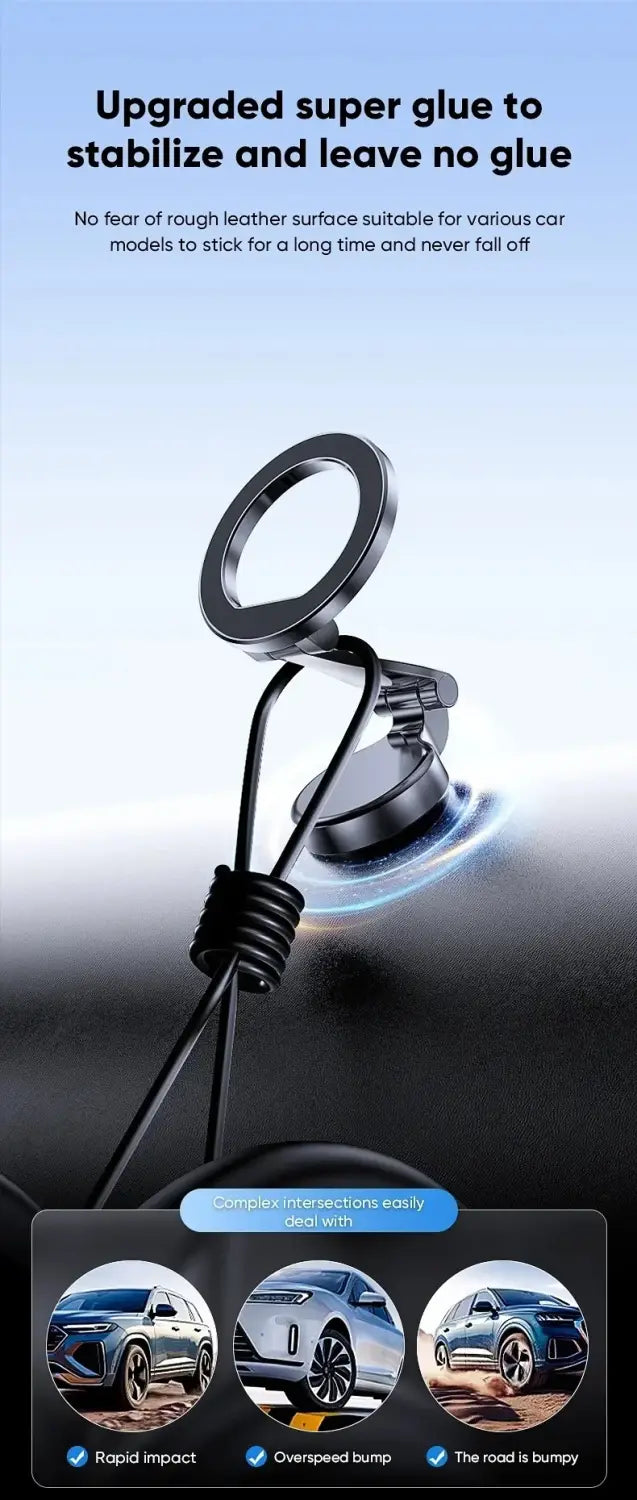 Silver metallic aluminum alloy magnetic car phone holder phone stand with circular suction cup base and adjustable clamp mechanism.