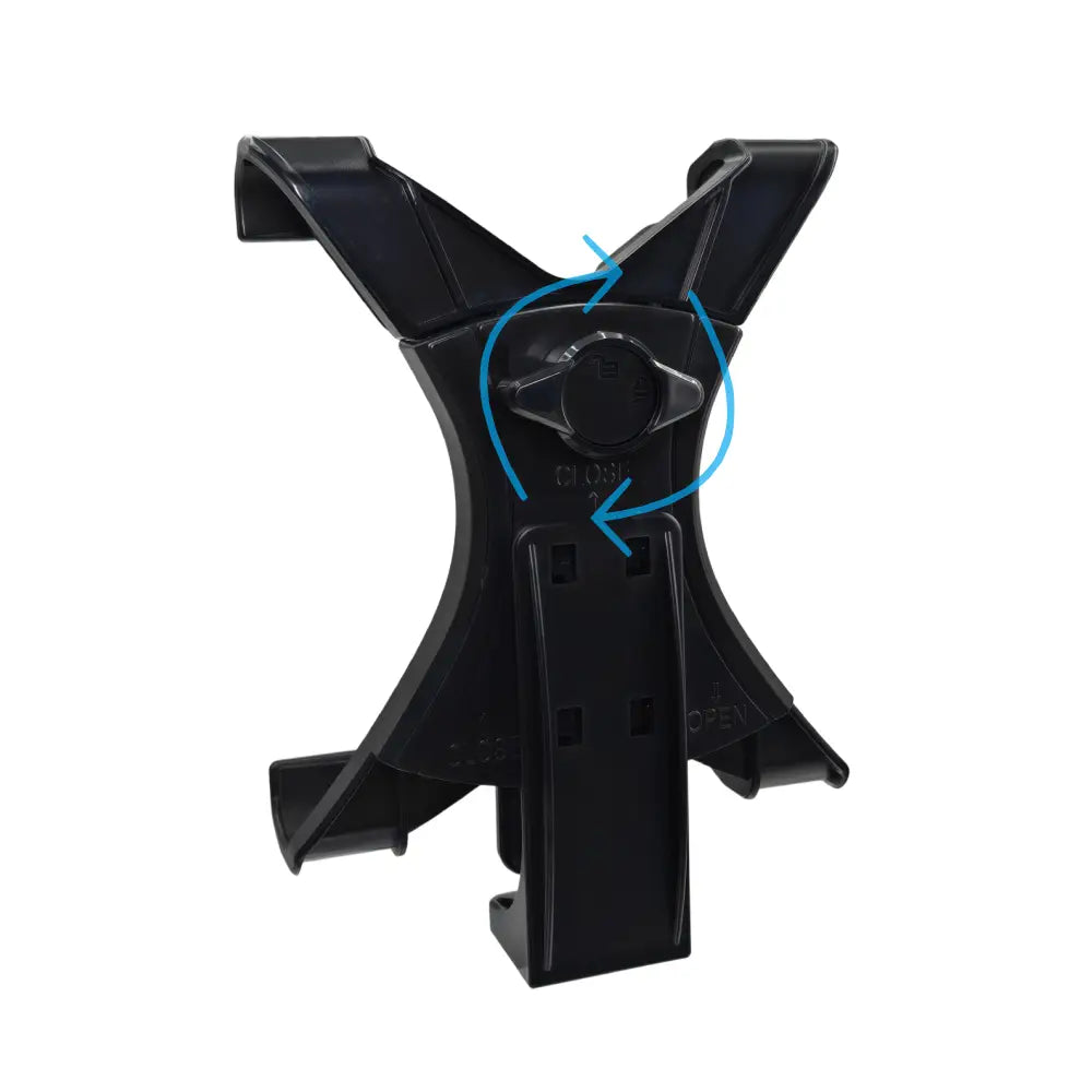 support universel pour tablette en plastique noir avec bras réglables et bouton central pour un positionnement sécurisé compatible avec les modèles iPad Air, Air2 et Galaxy