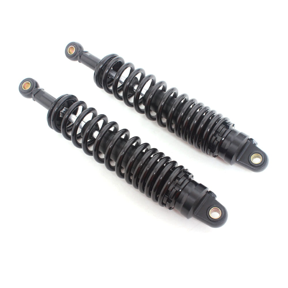 360mm motorcycle rear shock absorbers pair in black featuring coiled springs and metallic fittings shown from the back side.