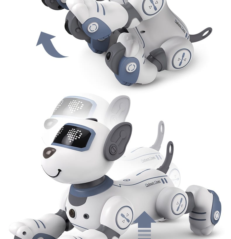 White and gray remote control robotic dog toy with blue accents, digital display face, articulated limbs, and rechargeable battery for interactive play.