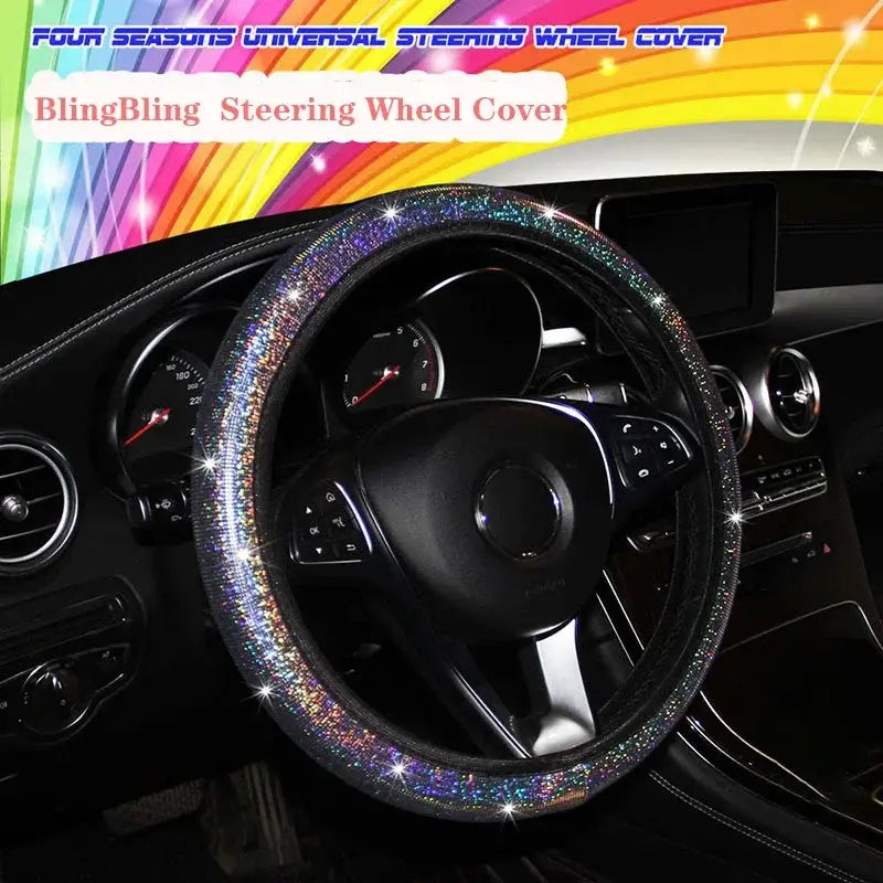 Schimmernde Strass-Lenkradabdeckung mit funkelnd schillerndem Glitzerkantenabschluss für einen stilvollen und glamourösen Innenraum-Zubehörartikel fürs Auto.