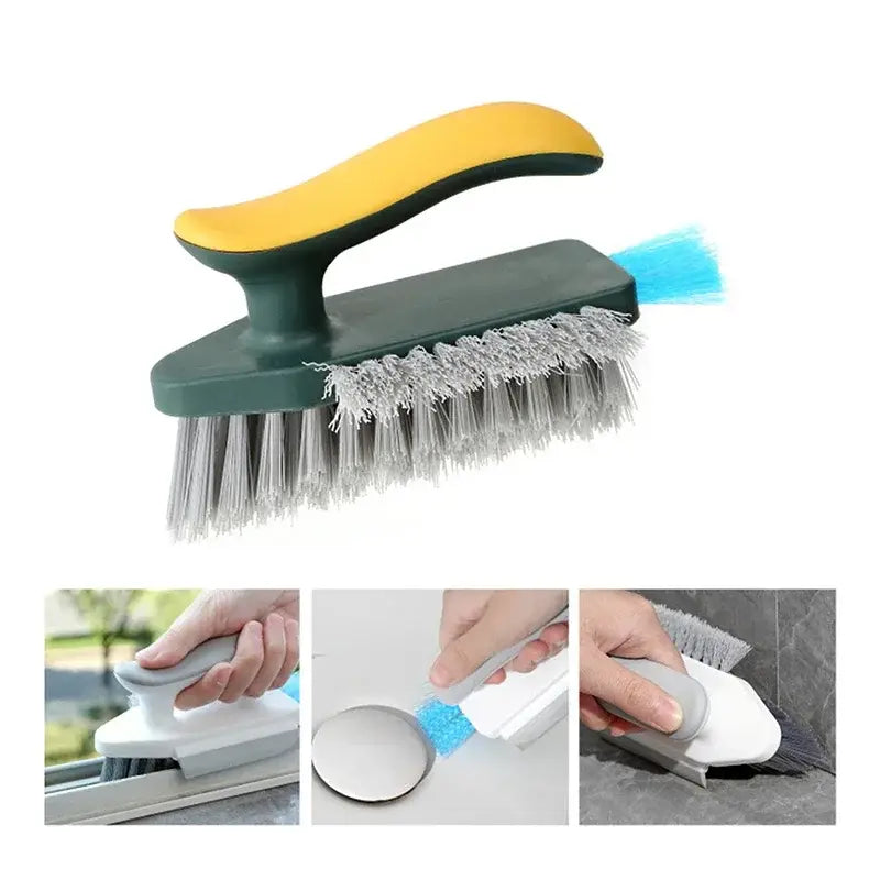 Brosse de nettoyage en forme de V pour carrelage et rainures avec un manche ergonomique jaune et vert, des poils métalliques argentés pour le récurage, et un tampon éponge bleu fixé.