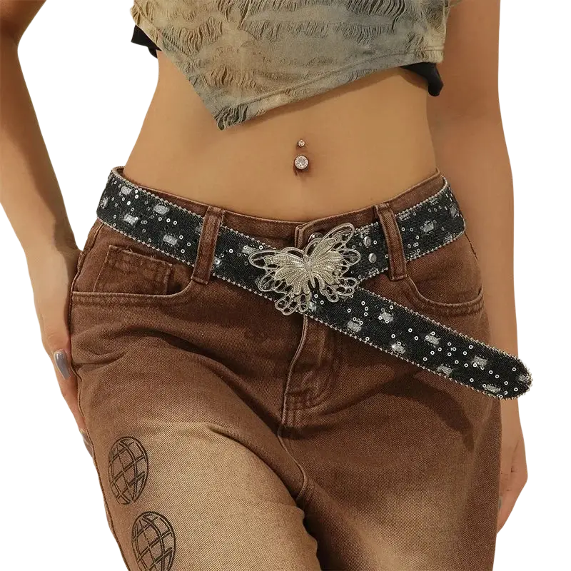 Front view of black sequined y2k butterfly leather belt with silver butterfly buckle detailing