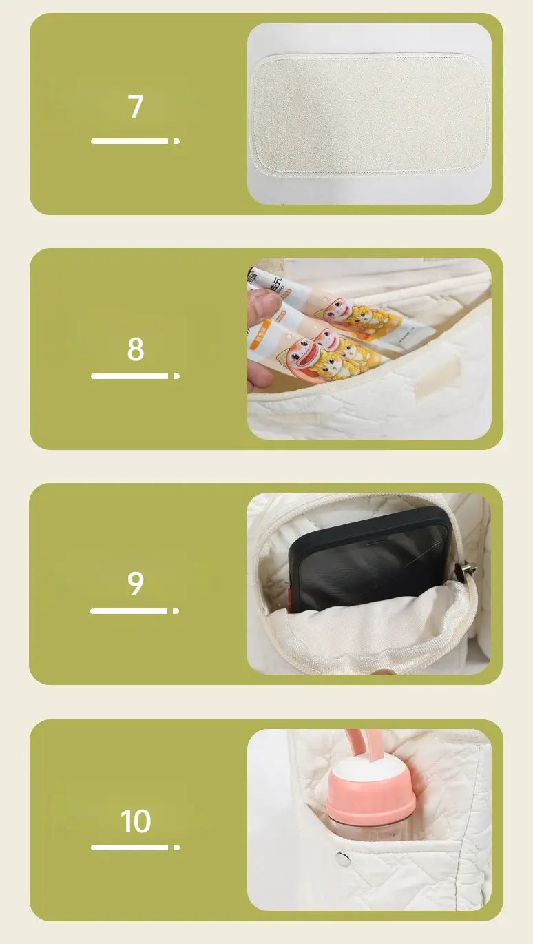 Bolsa transportín de tejido acolchado blanco para mascotas con cierre mediante cremallera y compartimentos interiores para organizar pequeños objetos, diseñada para gatos y perros pequeños.