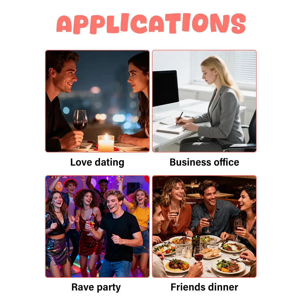 the Ejw perfumed hair mist and essential oil spray is featured in four scenes representing love dating, business office, rave party, and friends dinner use cases.