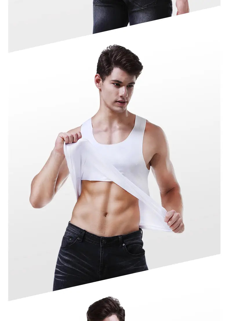 Débardeur de sport pour hommes en soie de glace, sans coutures, blanc, avec encolure en U et coupe détendue, en coton.