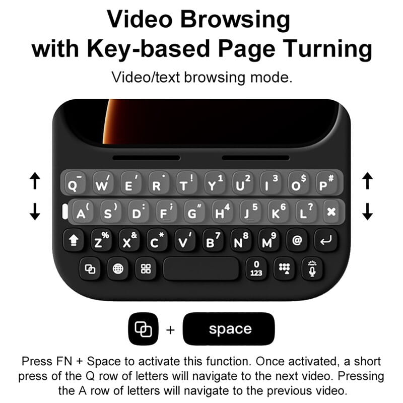iPhone 16 Pro Max 用の黒色ワイヤレスキーボード付き電話ケース。動画閲覧用の内蔵スクリーンを備え、コンパクトな設計で、キーには白色の文字が記載されています。