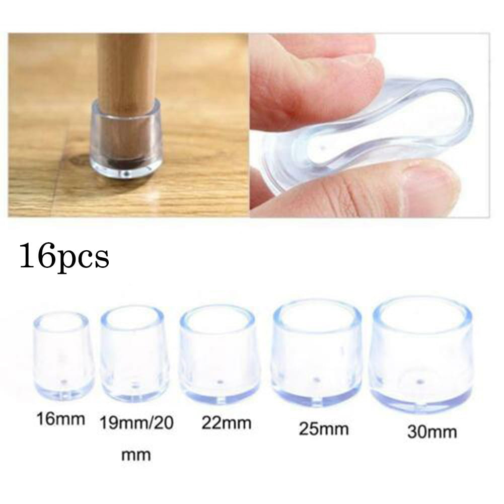 透明な白色のクリアプラスチック製家具脚プロテクターキャップ（16mm〜30mm）。家具の脚を高品質に保護します。