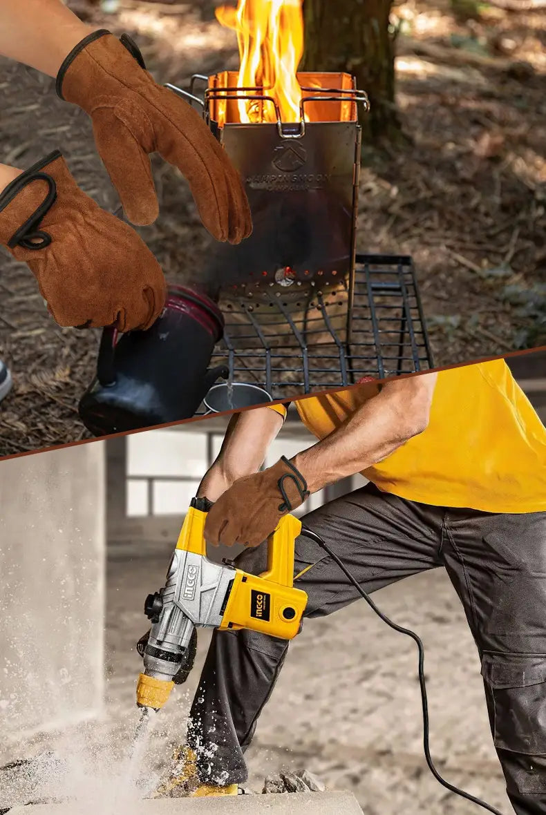 yellow and black electric hammer drill alongside heavy duty suede work gloves for men designed for durability and protection