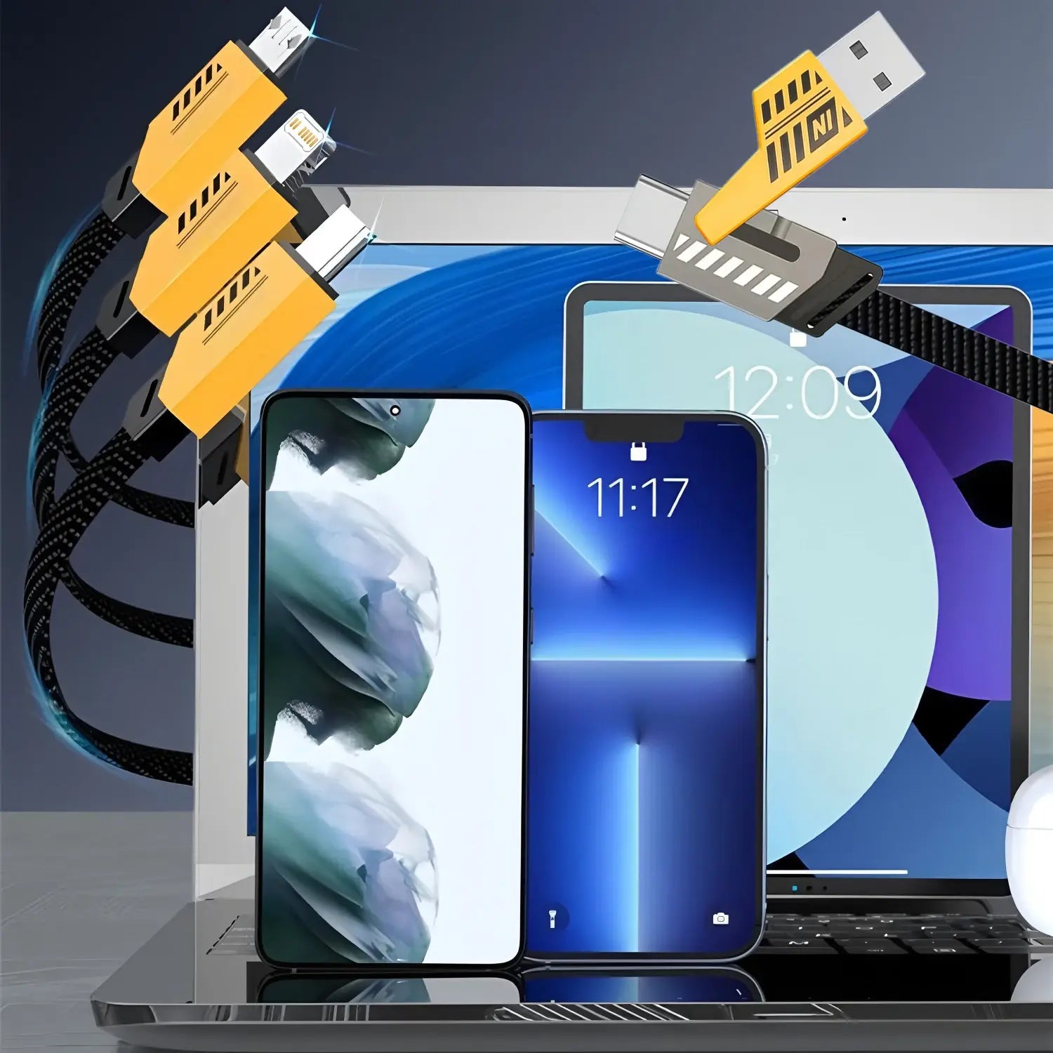 Câble de charge multi 240 W tressé jaune et noir, 3 en 1, rapide, avec plusieurs connecteurs pour une charge polyvalente des appareils