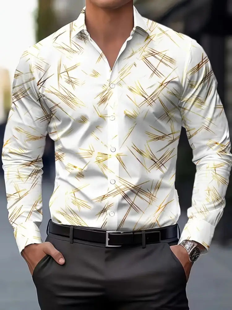 White long-sleeved button-up gold fleck men’s casual shirt featuring a modern abstract pattern of intersecting gold and dark brown lines.