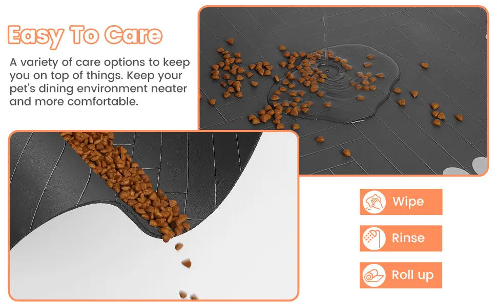 black and white absorbent food mat for dogs and cats with waterproof rubber backing and non-slip surface designed to contain spilled kibble in pet’s eating area