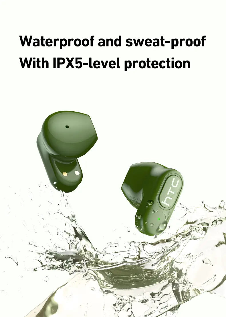 ワイヤレスTWSヘッドホン用途のIPX5防水性能を備えた、洗練された光沢仕上げのダークグリーンのHTC Ne51 Bluetoothイヤホン。