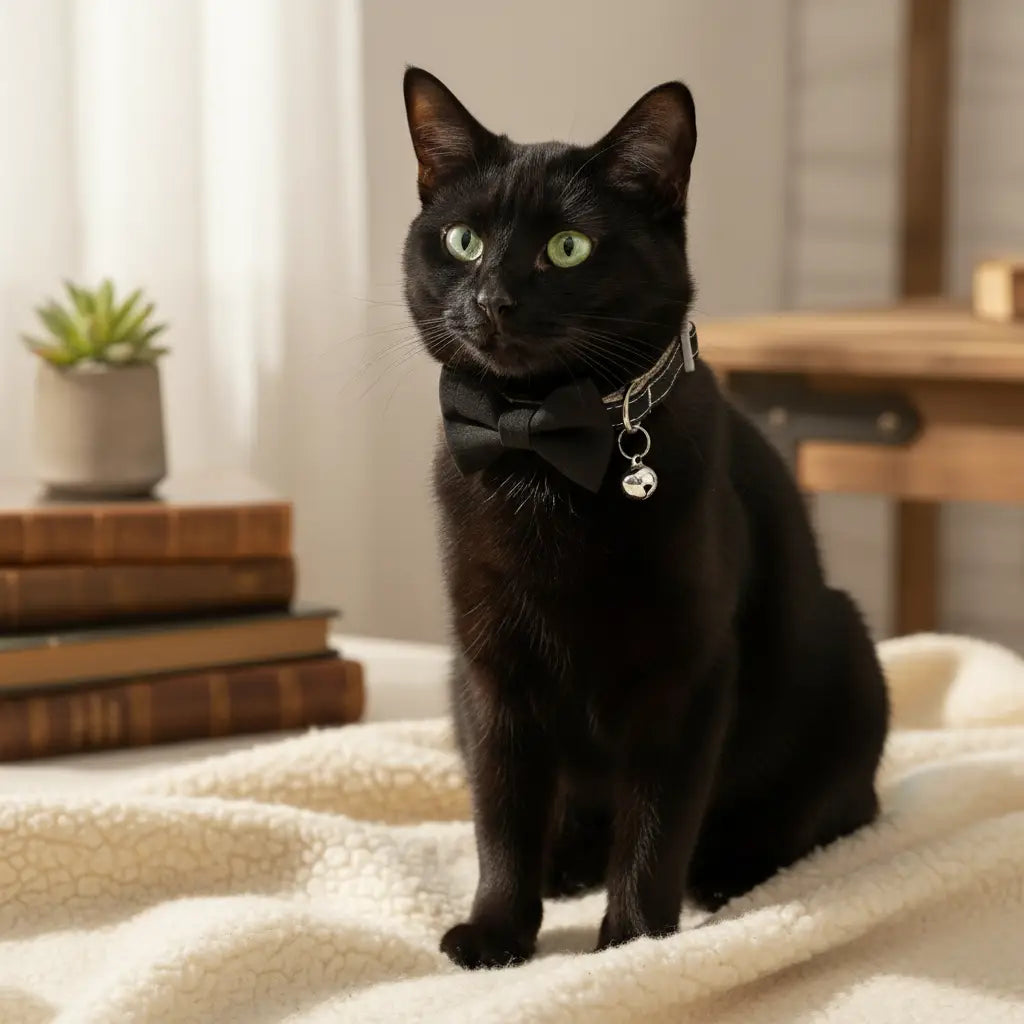 Schwarze Katze mit einem silber verstellbaren Haustierhalsband 22–28 cm mit schwarzer Fliege und kleinem Glöckchen-Anhänger