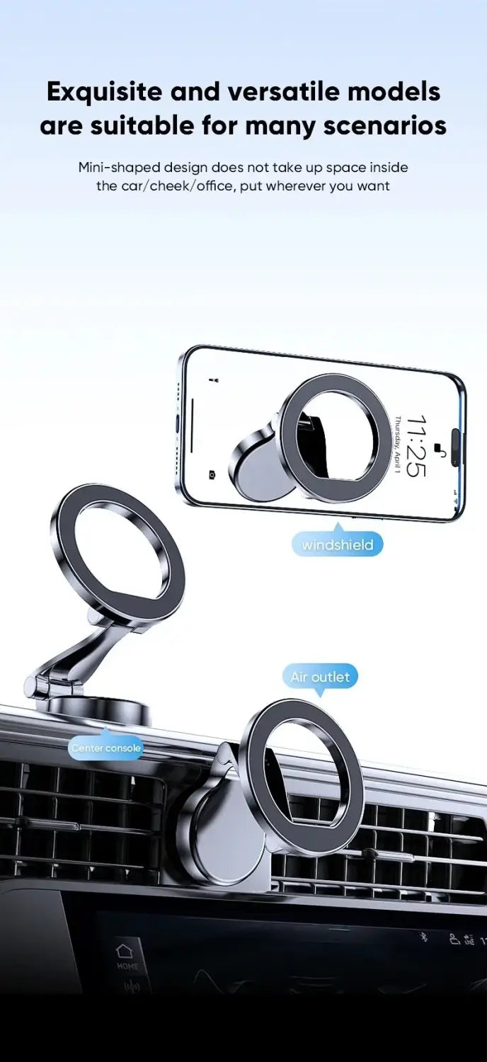 Silver metallic aluminum alloy magnetic car phone holder stand with circular ring and adjustable arm for mounting on car dashboards or air vents.