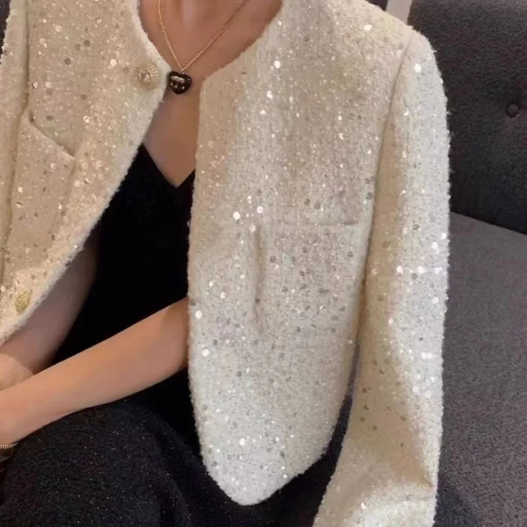 Women Chic Sequins Sweet Tweed Jacket Elegant Long Sleeve Slim Coat Fashion O-Neck Spring Autumn All Match New Tops