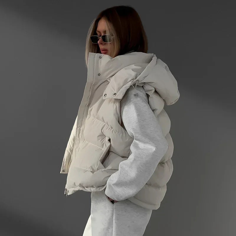 Winter Padded Vests For Woman Zipper Hooded Sleeveless Jacket and Waistcoats Fashion Warm Parkas Coat Outerwear Streetwear