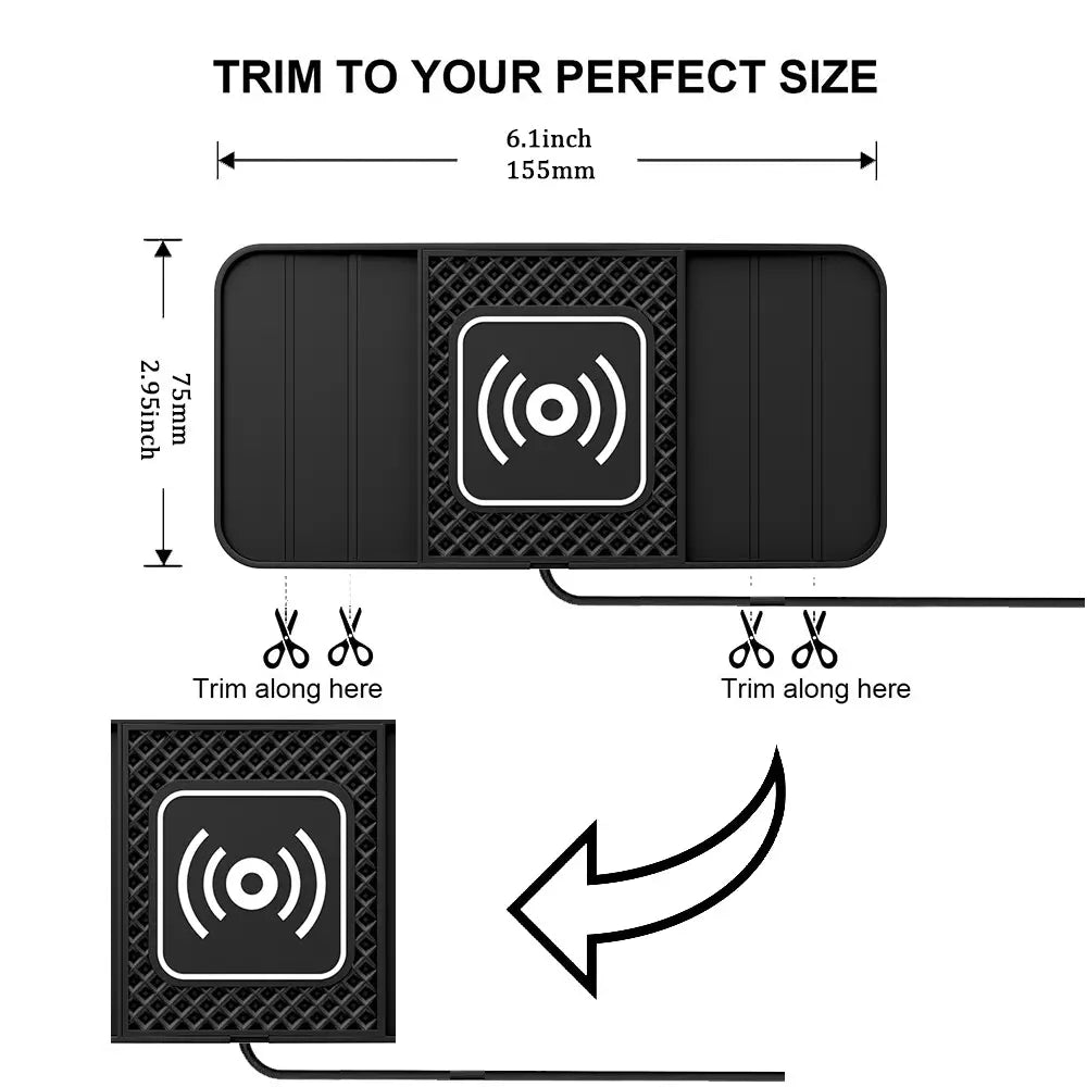 Schwarzer kabelloser Ladeteppich für das Auto mit strukturierter Oberfläche und zentralem weißem WLAN-Symbol; 15-W-Schnelllade-Wireless-Car-Ladepad.
