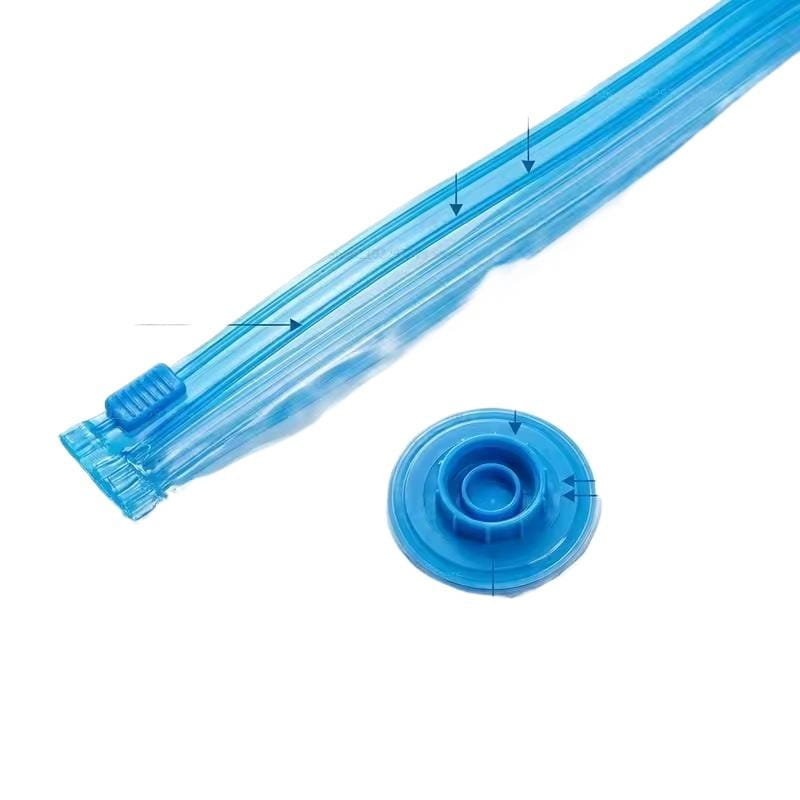 blue plastic vacuum storage bag with zipper and circular sealing lid made of pa+pe material included in a 5 pack vacuum storage set