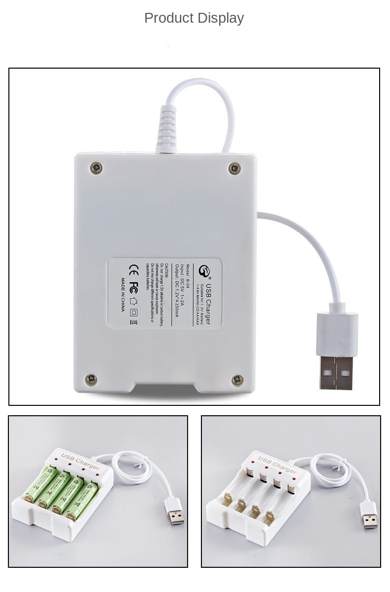 Batterieladegerät und -Organizer aus weißem Kunststoff für USB AA AAA mit vier Steckplätzen zum Laden von AA- oder AAA-Batterien.