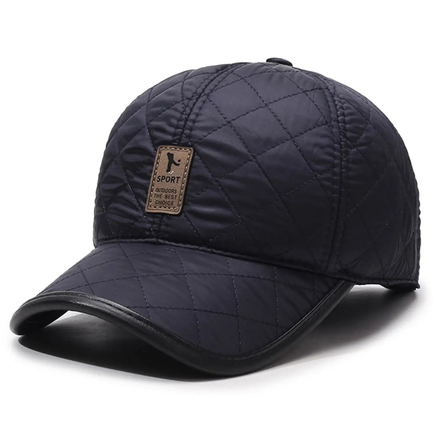 Casquette de baseball matelassée bleu marine foncé avec rabats d’oreilles chauds et écusson d’aspect cuir sur l’avant, convenant comme bonnet de Noël.
