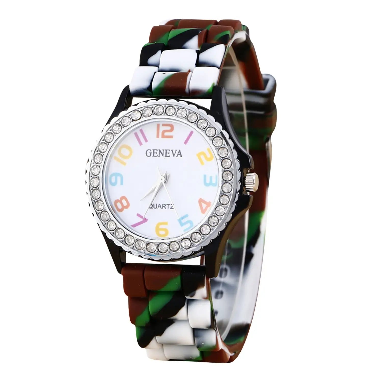 Girls crystal bling rainbow silicone watch featuring a colorful camouflage-patterned silicone band, white face with rainbow-colored numerals, and sparkling crystal bezel.