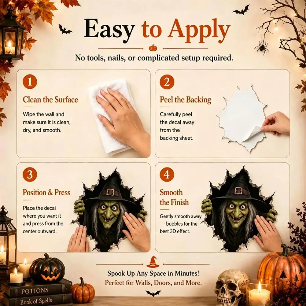 Autocollant mural en papier 3D pour Halloween : représentant une sorcière effrayante au visage vert, portant un chapeau noir et des gants, conçu comme autocollant mural pour la décoration.
