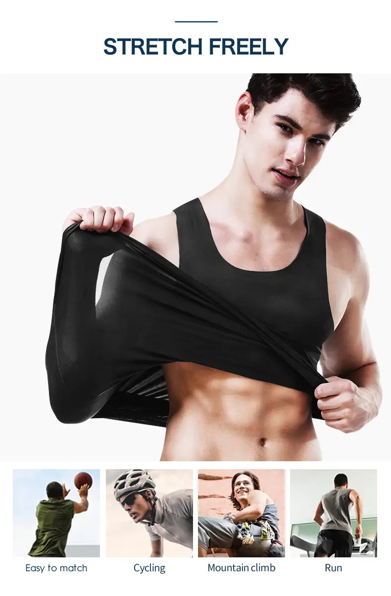 Débardeur de sport pour hommes en soie de glace, sans coutures, noir, extensible, conçu pour la performance athlétique