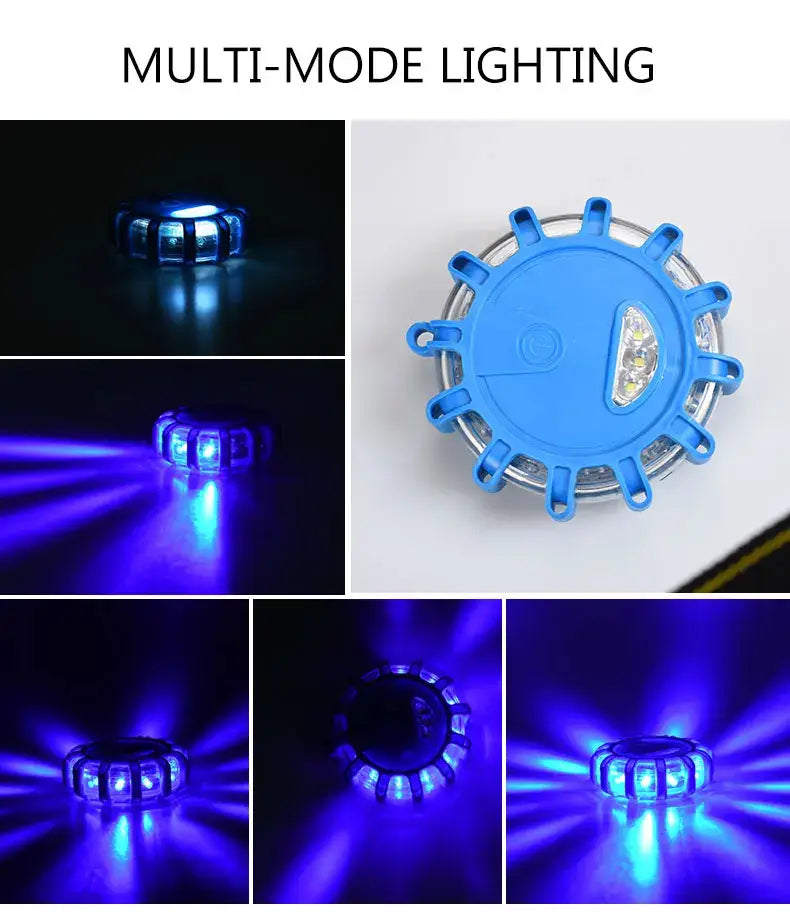 Blue plastic magnetic LED roadside emergency strobe light with multi-mode lighting options for roadside safety.