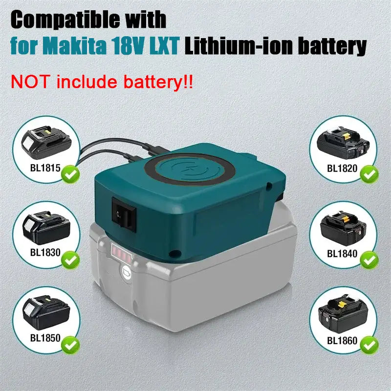 Adaptador de cargador inalámbrico para batería de litio Makita 18 V LXT en verde azulado y gris, con almohadilla circular de carga inalámbrica en la parte superior, diseñado para una carga eficiente