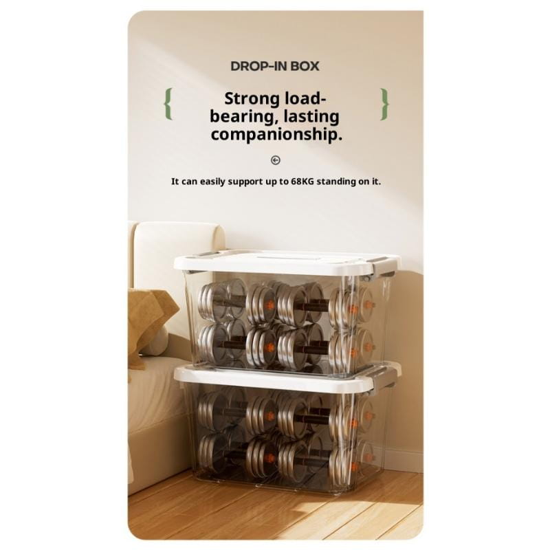 Boîte de rangement en plastique transparent avec couvercle et loquets, en grande taille environ, dotée d’un couvercle de boîte blanc conçu pour être empilée et pour maintenir des haltères.