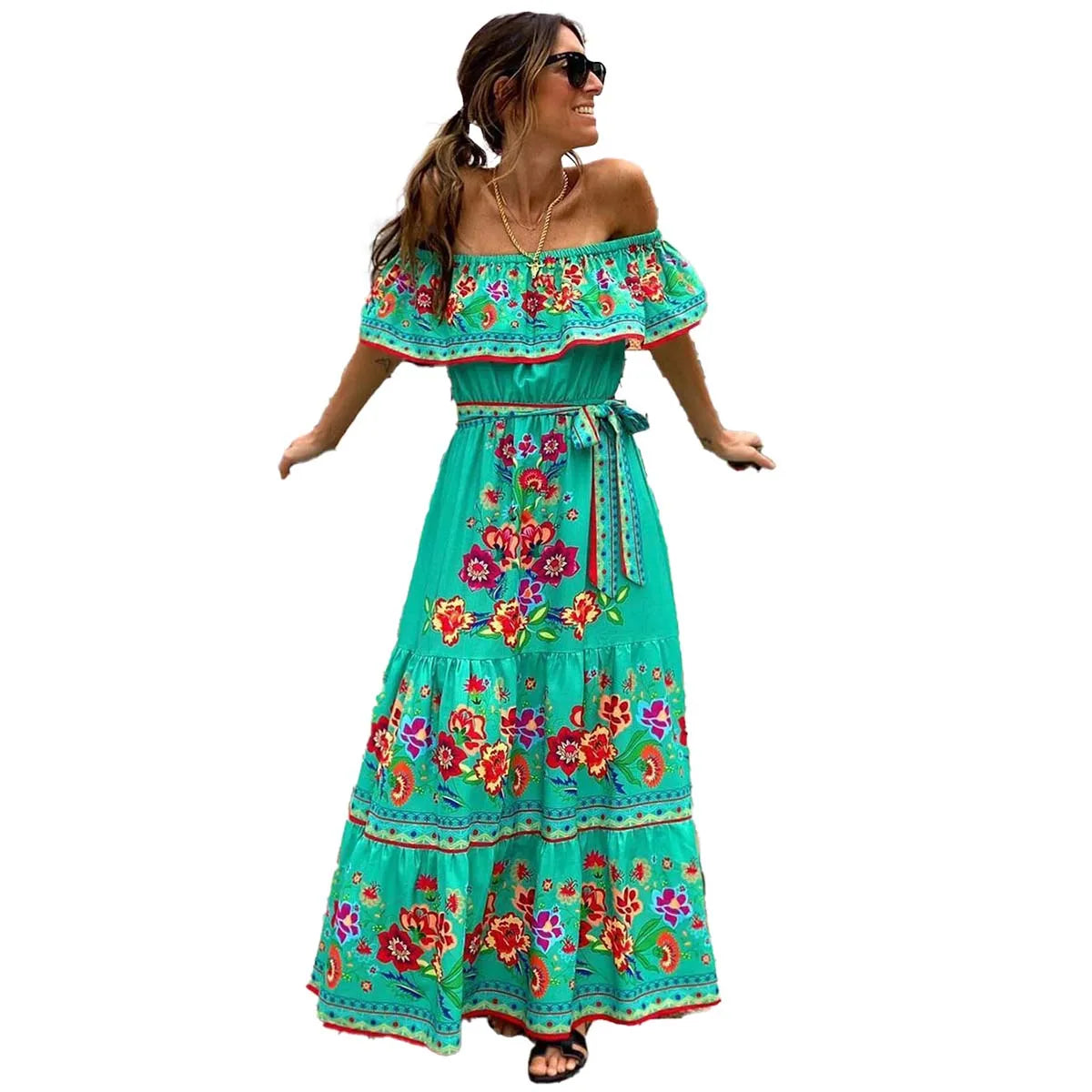 Beach Holiday Party Traditional Ethnic Wear Off Shoulder Floral Print Women Mexican Dress