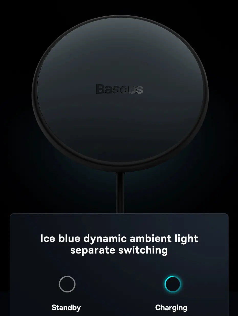 Cargador inalámbrico Baseus magnético negro circular con indicador dinámico de luz ambiente azul hielo, diseñado para carga inalámbrica de 15 W.