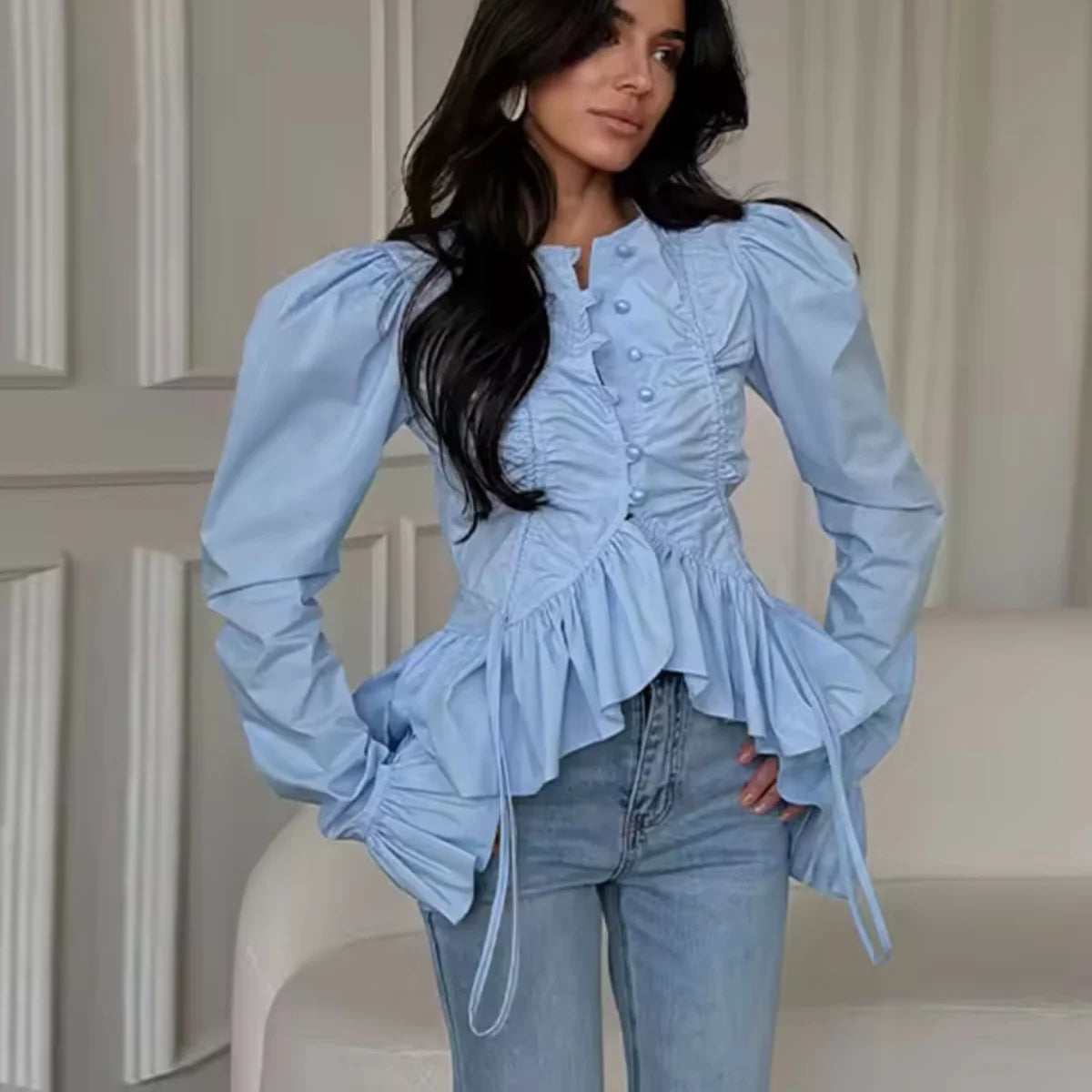 Women's Long Sleeve Pure Color Drawstring Bell Bottom Top Versatile T-Shirt Comfortable Breathable Polyester round Neck Design
