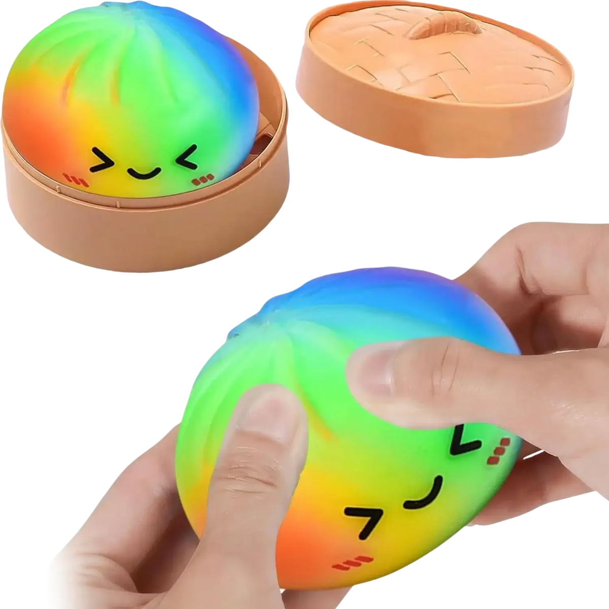 Front view of a rainbow-colored dumpling squishy with a smiling face designed as a sensory stress relief toy