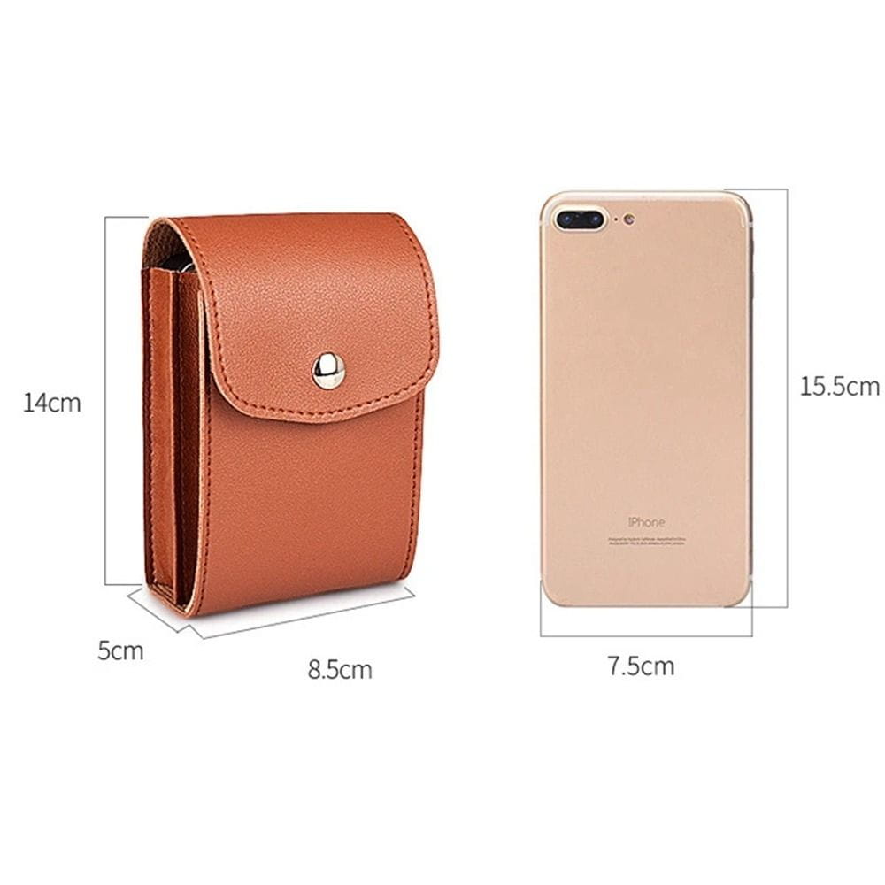 Brown leather pu digital storage bag with a silver snap button closure for portable cable organization.