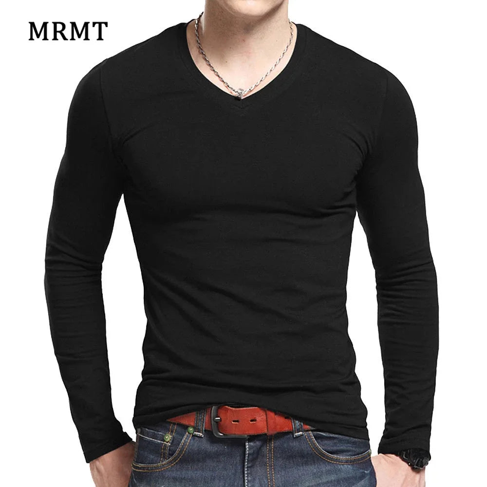 Men's T-Shirts Long Sleeve V Neck T Shirt 2026 MRMT Men Polyester T-Shirt Solid Color Slim Tight Man T Shirt For Male