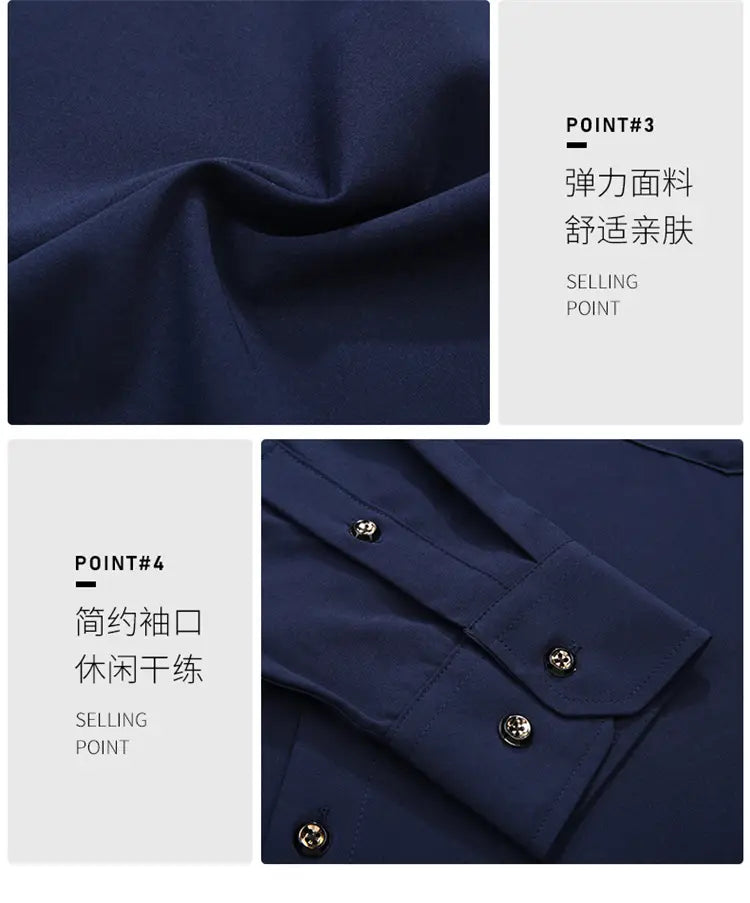 Chemise habillée pour hommes, grande taille, bleu foncé, manches longues, fabriquée dans un tissu extensible, avec col simple et poignets boutonnés, adaptée à une tenue de travail formelle.