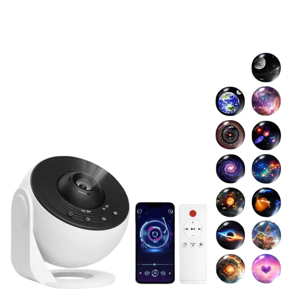 White and black spherical galaxy projector pro with 12 film discs projecting cosmic scenes with white noise and timer