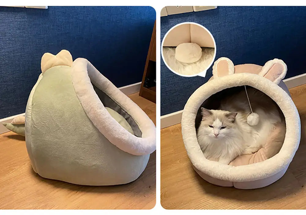 Weiches Pastellgrün- und Cremefarbenes Plüsch-Cat-Cave-Bett mit Hasenohren und einer Schleife obenauf, ausgelegt als waschbare Haustier-Schlafmatte.