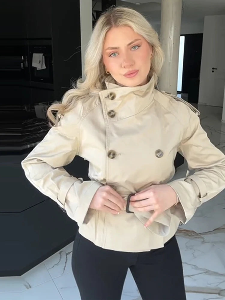 Double Breasted Trench Coat With Belts Women Elegant Stand Collar Long Sleeve Jacket Office Lady Windbreaker Street Tops