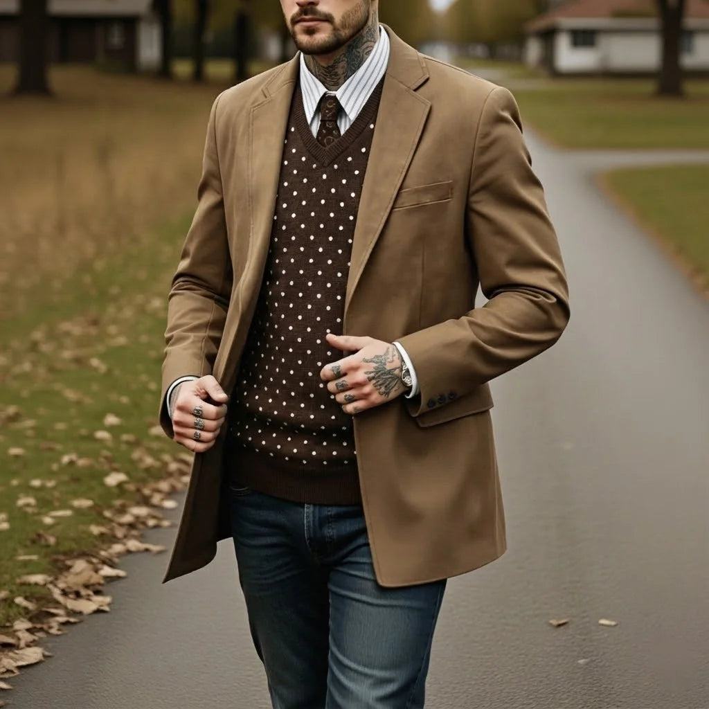Veste en laine marron avec revers crantés et coupe boutonnée simple, issue de la collection de vestes en daim pour homme vintage style business décontracté.