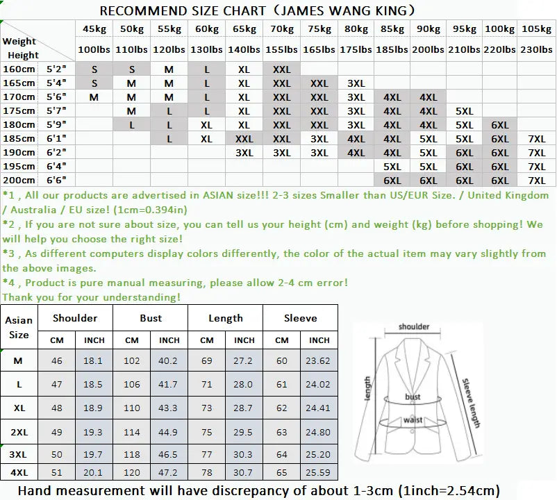 Guide des tailles de veste d’hiver en simili cuir pour homme, coupe ajustée, blazer, marque James Wang King, présentant des mesures en centimètres et en pouces pour différentes tailles.