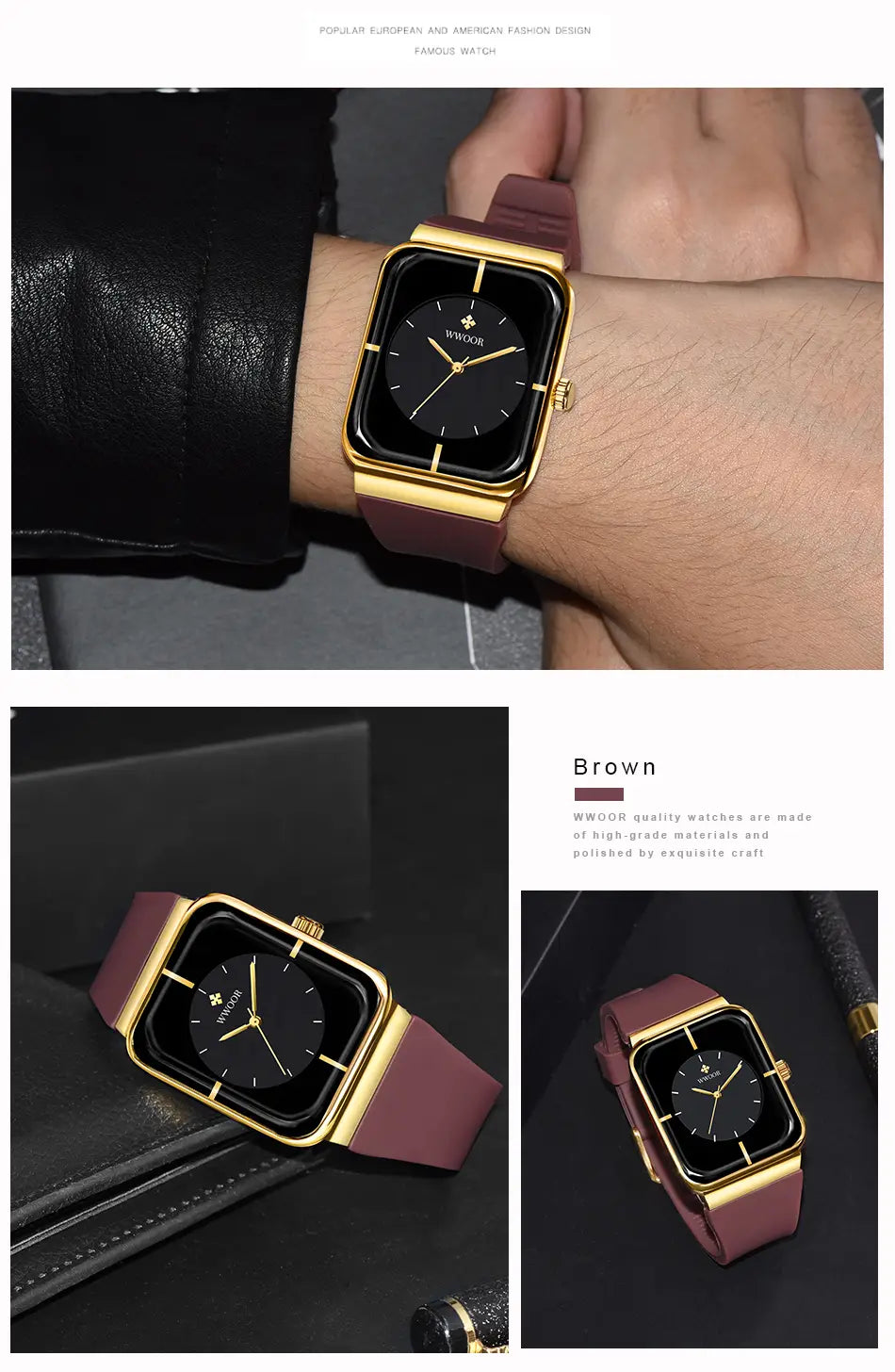 Wwoor gold rectangle quartz watch with a gold-toned rectangular case, black dial, and maroon silicone strap.