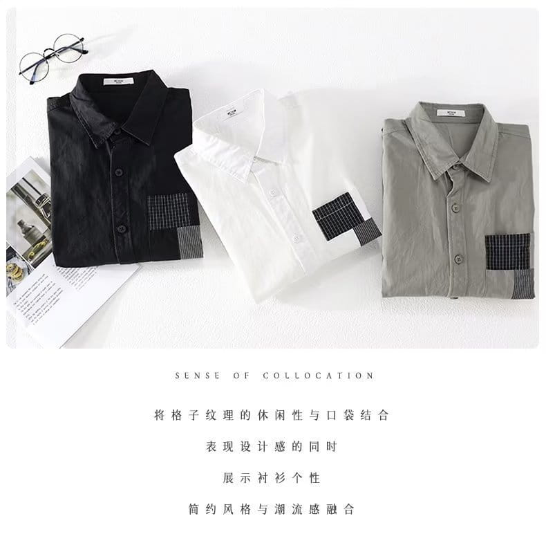 Drei gefaltete Herren-Patchwork-Taschenhemdjacken im Casual-Stil in Schwarz, Weiß und Grau mit kontrastierenden karierten Paspel-Taschenpatten.
