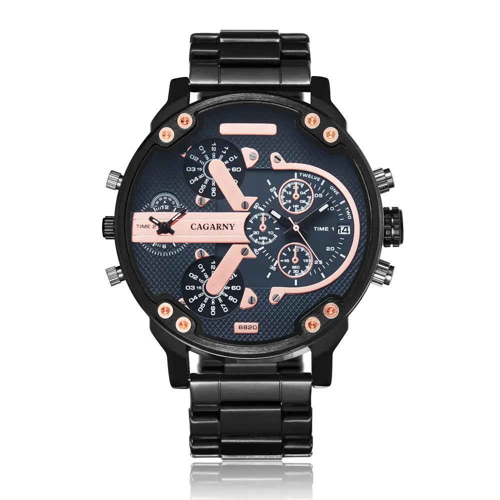 Schwarze und roségoldene Cagary-Dual-Time-Luxus-Chronographenuhr aus Stahl mit Quarzwerk für Herren mit strukturiertem blauem Zifferblatt, mehreren Unterzifferblättern und Edelstahlarmband.