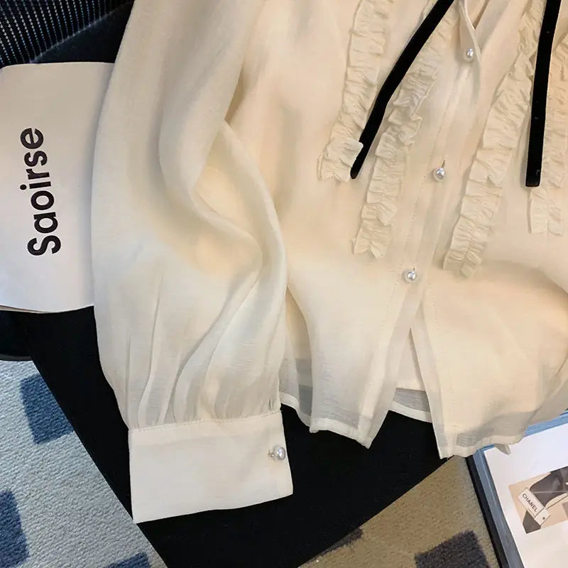 French Chic Design Shirts Lace Bow Tie Women Blouses High-end Spring Autumn Long Sleeve Tops Single-breasted Office Lady Shirt