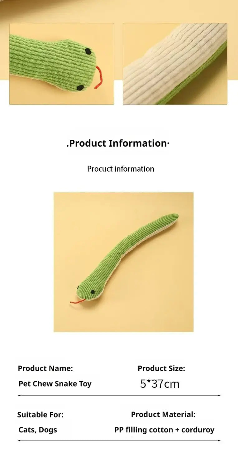 juguete mordedor de serpiente de felpa tejida verde para mascotas, con ojos negros y lengua roja, hecho de relleno de algodón de fibra PP y corduroy, como tipo de juguetes para animales para el juego y la masticación