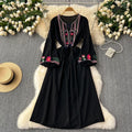 2026 New Spring Autumn Vacation Retro Ethnic Embroidery Dress Lantern Long Sleeve Waist Bohemian Dress A157