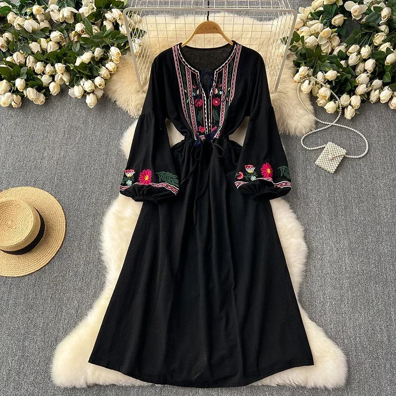 2026 New Spring Autumn Vacation Retro Ethnic Embroidery Dress Lantern Long Sleeve Waist Bohemian Dress A157